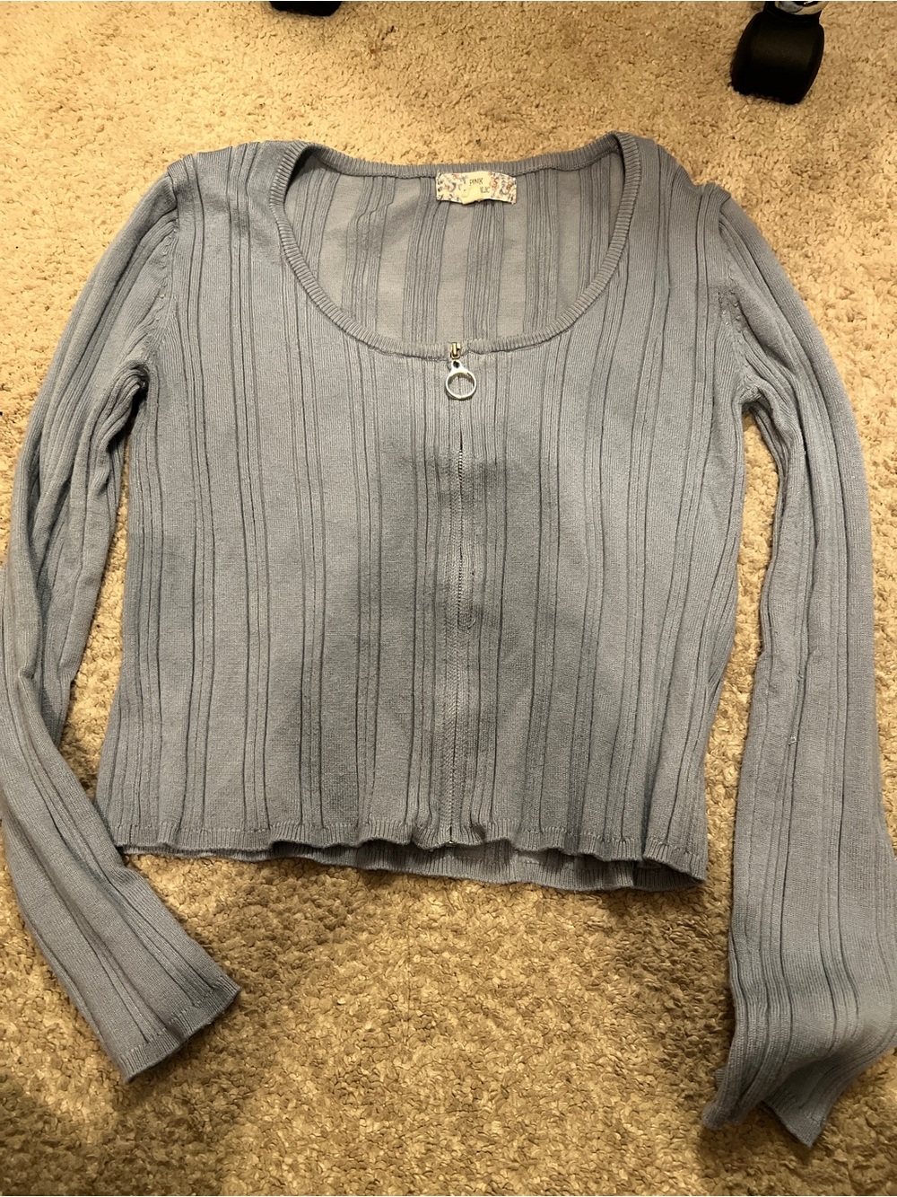Light Blue Ribbed Long-Sleeve Scoop Neck Top